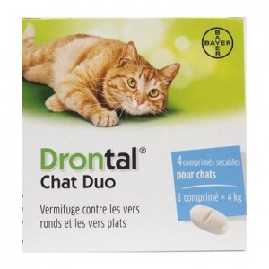 Bayer Drontal Chat -Comprimé Appétent - 4 Comprimés Vermifuge contre les vers ronds et les vers plats 4 comprimés sécables pour chat 1 comprimé = 4 kg 4007221043751