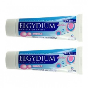Elgydium Dentifrice Protection Caries Junior Arôme Bubble 7/12 ans DUO Au fluorinol Protège et renforce les premières dents définitives des enfants