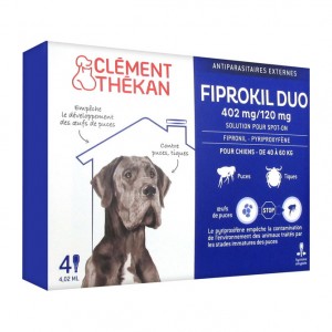 Clément Thékan Fiprokil Duo Chien de 40 kg à 60 kg - 4 Pipettes Antiparasitaire externes Pour chien Solution pour spot-on Puces et tiques